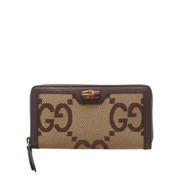 GUCCI Jumbo GG Round Zip Wallet 658634 Long Brown and Beige Canvas Women's